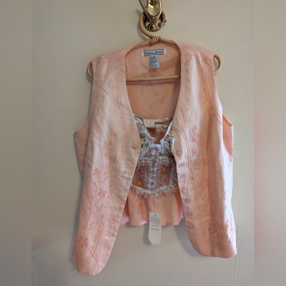 Vintage Linen Vest Stephanie Andrews Embroidered  Peachy-Pink Womens Large